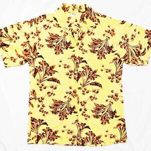 Holo Holo Mens Vintage Hawaiian Shirt Yellow Brown Floral Cotton Loop Collar L
